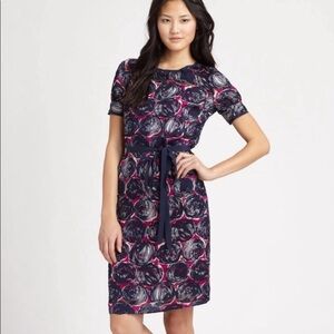 Tory Burch Kiera Wild Orchid Navy Dress Sheer Trim Size 12 Y4